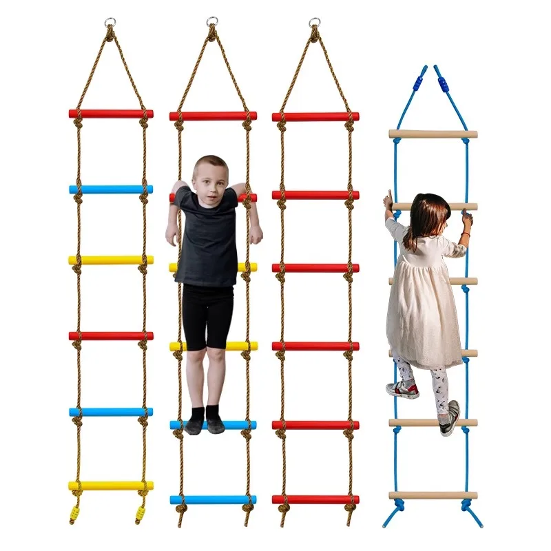 Wooden Rope Ladder Kids Fitness Toy Multi Rungs Climbing Game Toy Outdoor Training Activity Safe Sports Rope Swing Swivel Rotary 3