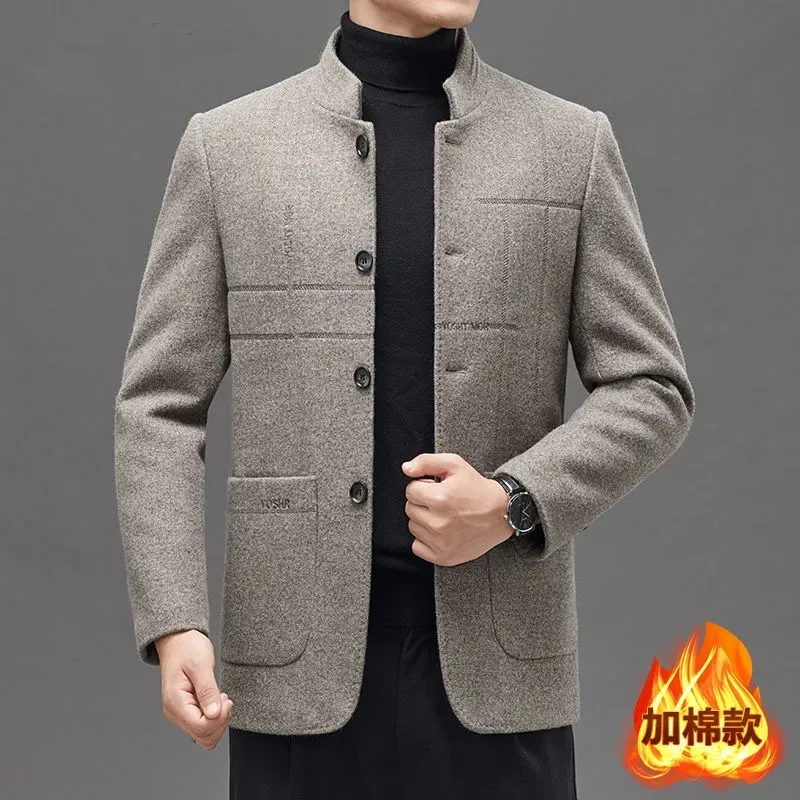 

Мужское шерстяное пальто, однобортная утепленная куртка с карманами и воротником-стойкой, деловой повседневный жакет с длинными рукавами, верхняя одежда для осени и зимы