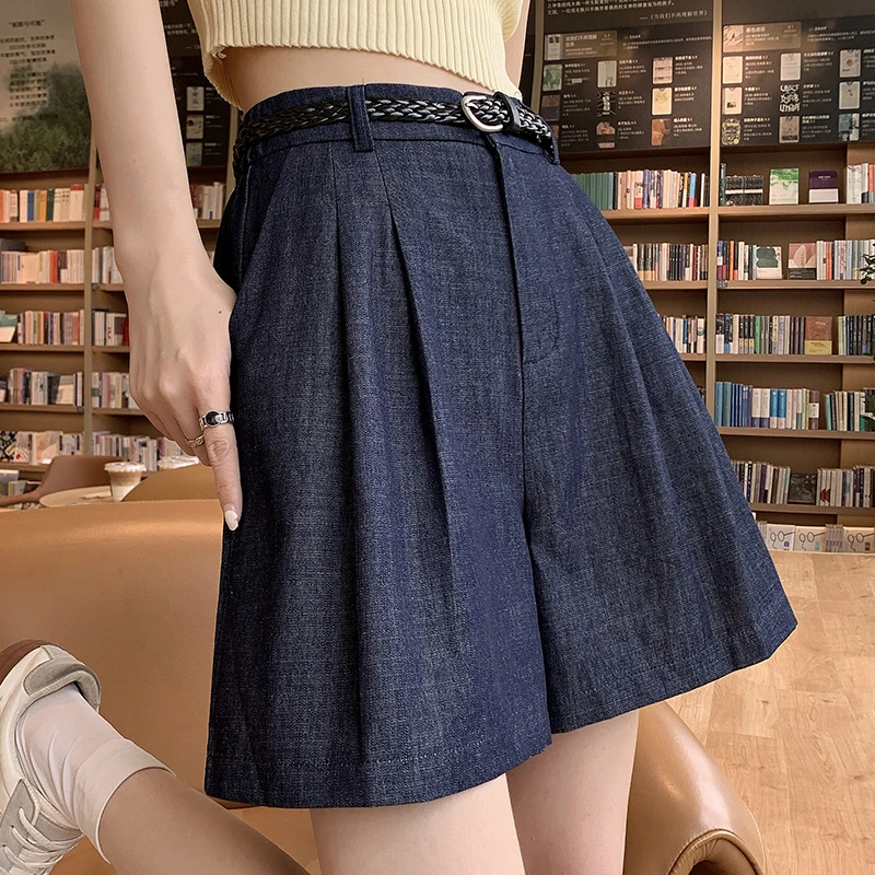 QOERLIN Vintage with Belt Denim Shorts Women 2024 New High Waist Wide Leg Blue Jeans Shorts Pocket Summer Thin Shorts Girls