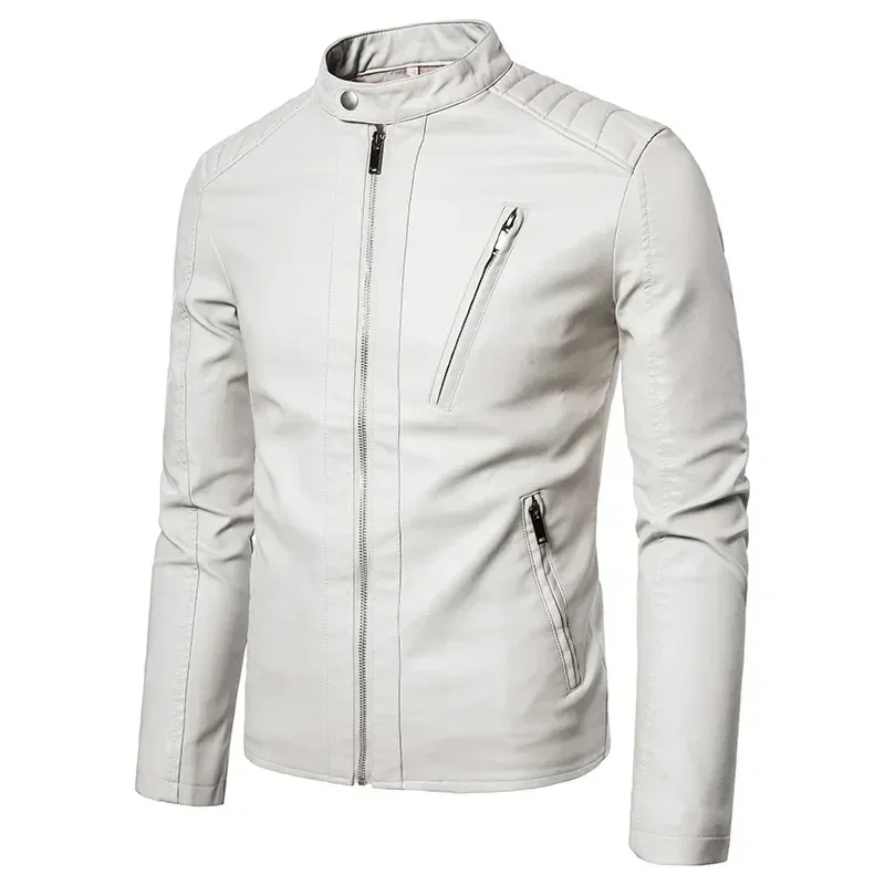 Spring Autumn Trend White Windproof Coat Solid Men's Motorcycle Leather Jacket Stand Collar Jackets Fashion Casual Streetwear