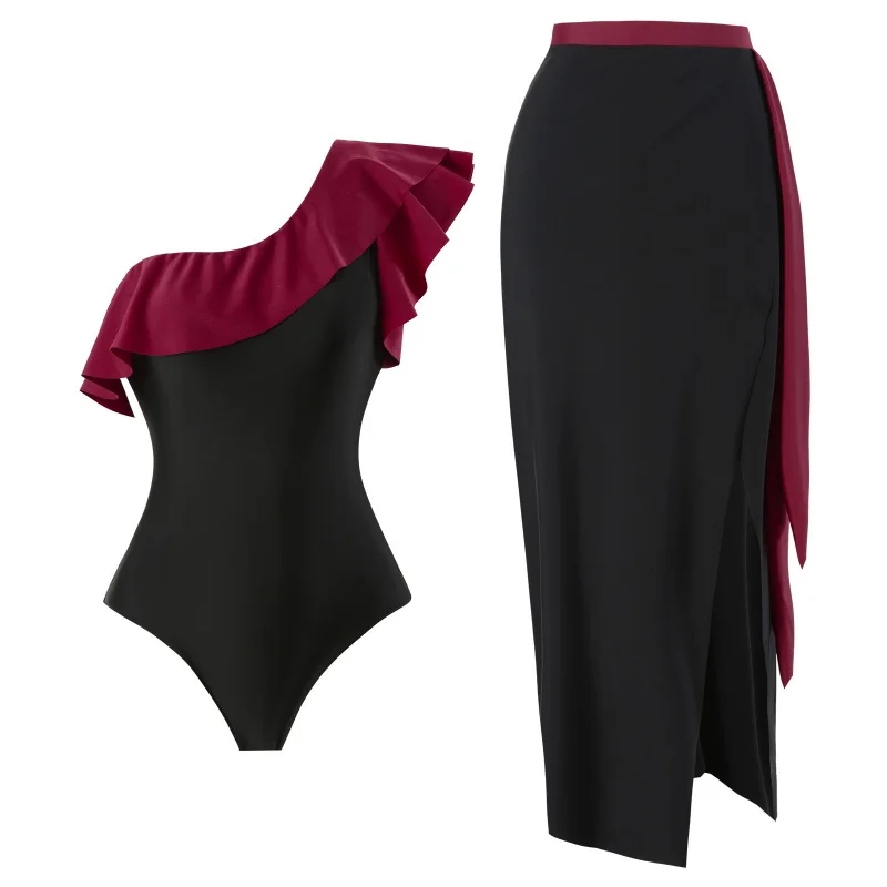 2024New One-Piece Swimsuit Retro Shoulder One Piece Swimsuit Suit Wholesale