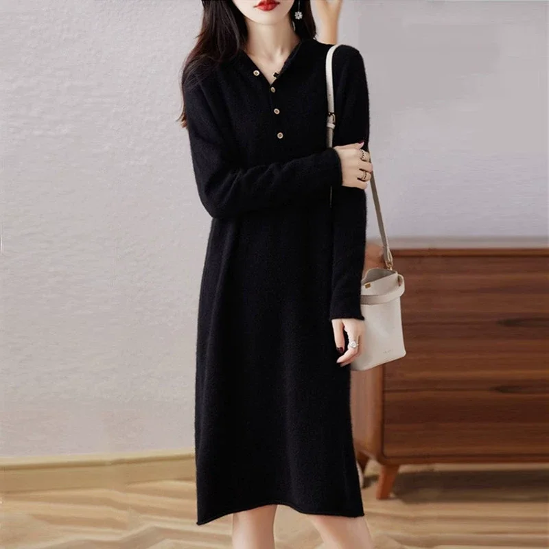 

Женское зимнее длинное платье, длинный свитер, вязаное осеннее платье с капюшоном и рукавами, наряды для черного платья, 2023