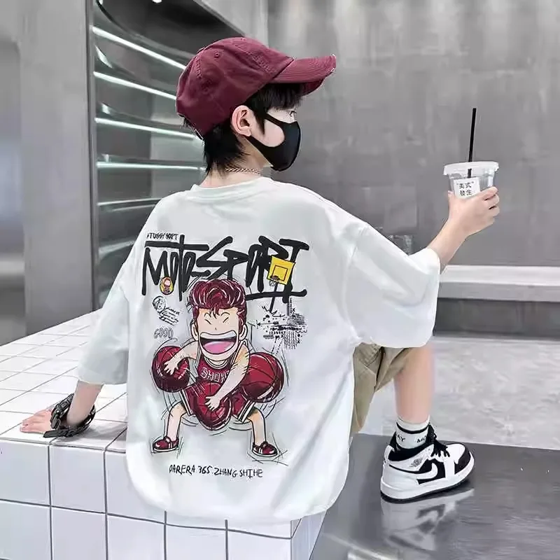 Boys Summer Short Sleeve Basketball Print T-Shirt Trendy Streetwear for Middle And Big Kids Cotton Material round Neck Design
