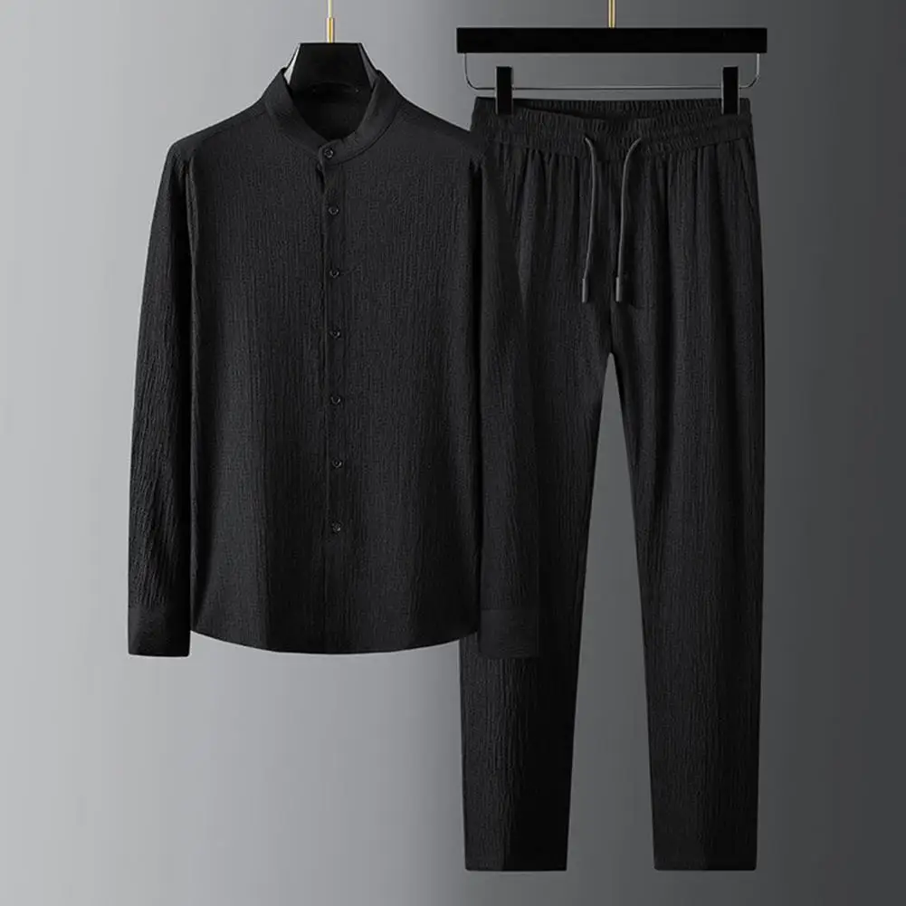 Two Piece Set Autumn Men Top Pants Pleated Solid Color Stand Collar Single Breasted Relaxed Fit Shirt Trousers Streetwear