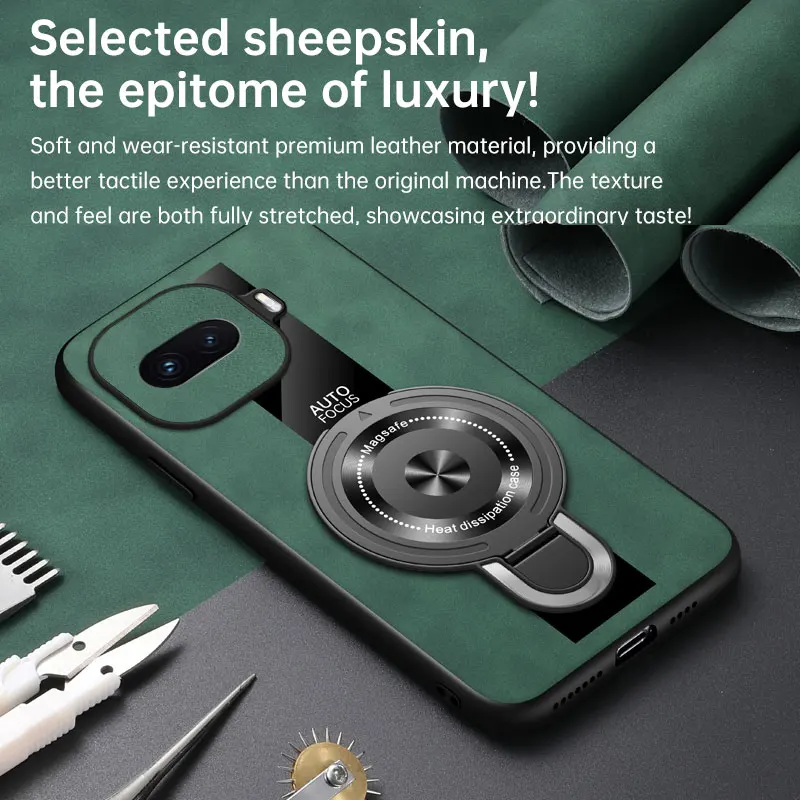 Sheepskin Leather Wireless Charging Magnetic Ring Holder Case - Shockproof and Stylish Cover