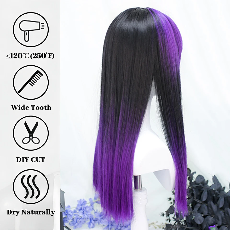 Synthetic Long Straight Blonde Brown Wig with Black Purple Bangs for Cosplay Party