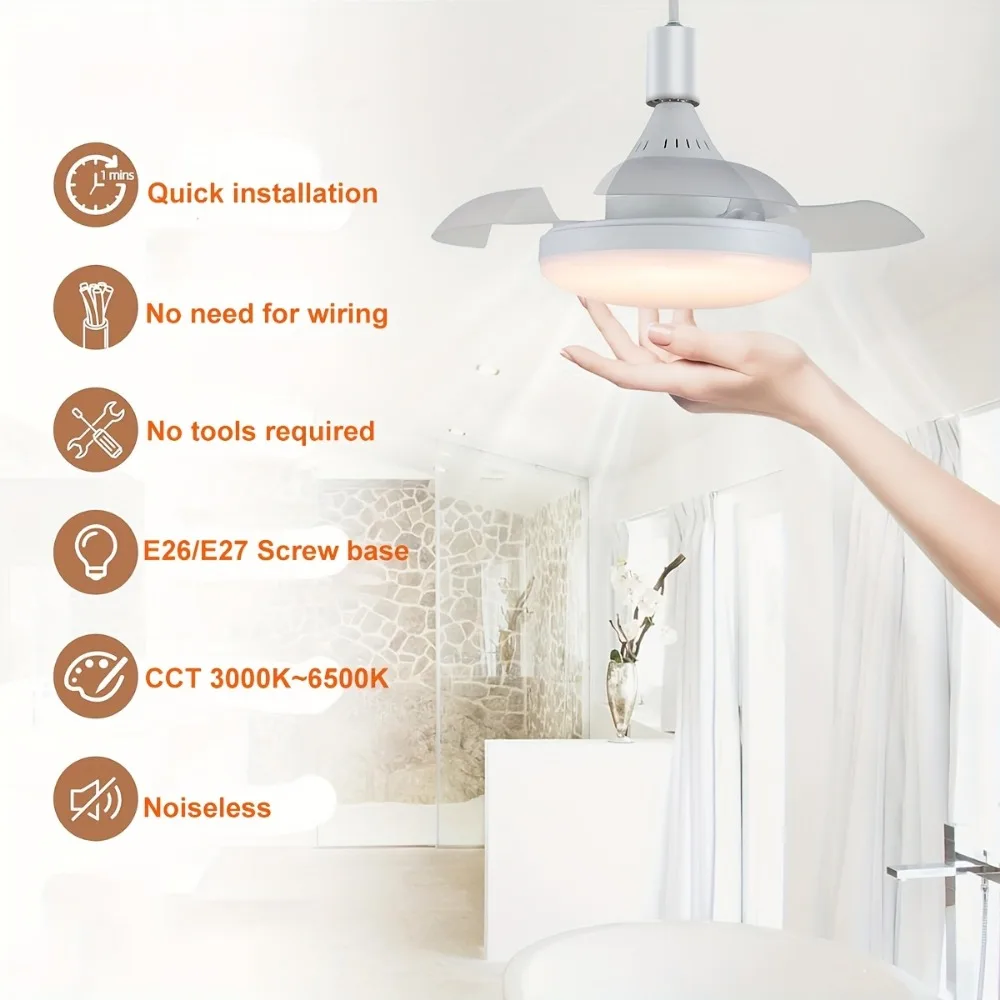 Simple Nordic Round Plastic Hanging Fan Lamp Invisible for Household Dining Room Ceiling Chandelier Dimming Remote Control