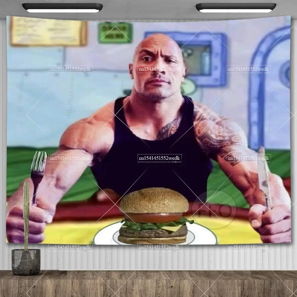 The Rock Johnson Eating Blueberry Pancakes Wall Hanging Tapestry Kawaii Room Decor Meme Tapestry Bedroom Decoration Aesthetic tapestry decorations