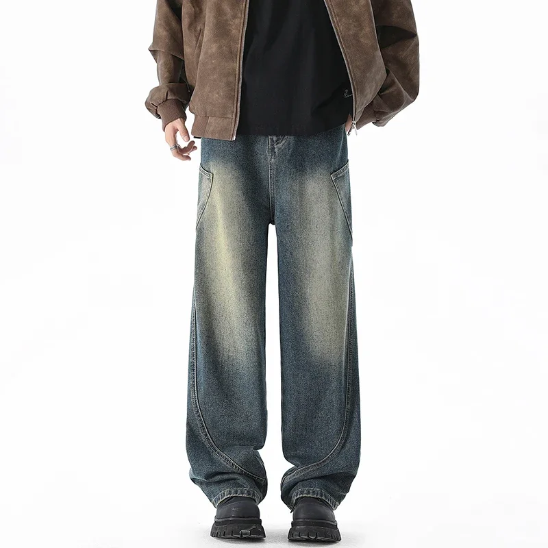 Fashion Vintage Straight Baggy Jeans Men's Washed Streetwear Loose Denim Trousers Brand Clothing Elastic Waist Wide Leg Pants