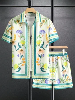 2 pezzi da uomo con stampa grafica floreale pantaloncini camicia set coulisse in vita costumi da bagno estivi abbigliamento casual stampe tropicali taglia asiatica 1