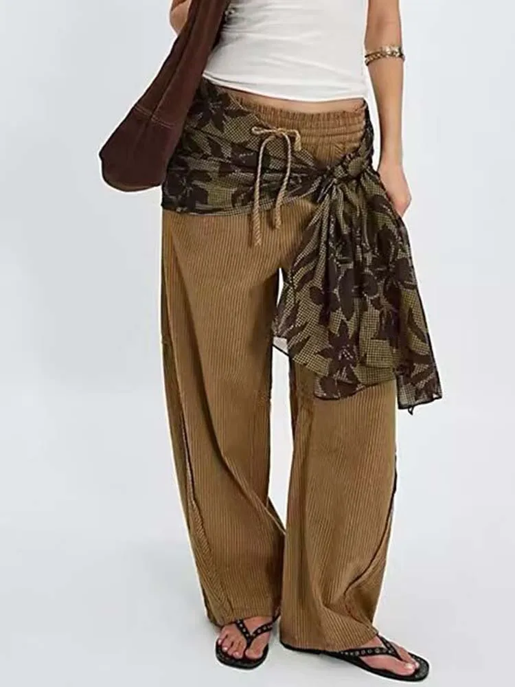 Fashion Chic Striped Print Women Pants Side Pockets Long Straight Loose Pants 2025 Autumn Streetwear Female Trousers