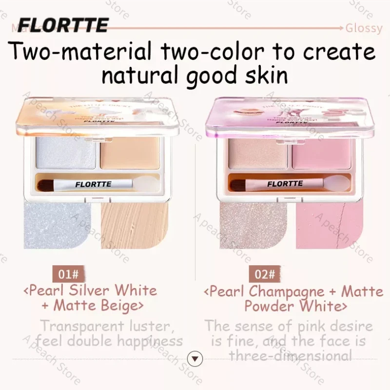 

FLORTTE 2-color Cream Highlighter Powder Matte Glossy Double Texture Diamond Glitter Brighten Contour Palette Face Makeup