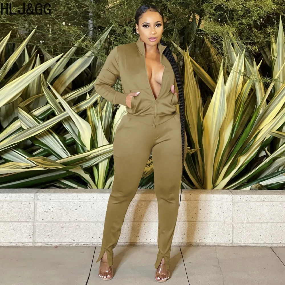 HLJ&GG Autumn Casual Solid Sporty Two Piece Sets Women Zipper Long Sleeve Coats And Skinny Pants Outfits Female 2pcs Clothing