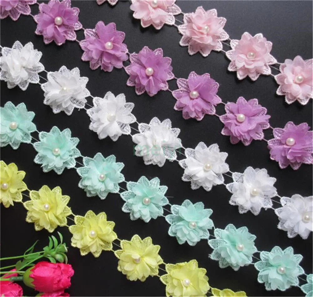 50x White Flower Chiffon Pearl Embroidered Lace Trim Ribbon Fabric Handmade DIY Sewing Craft For Costume Hat Shoes Decoration lace fabric lace ribbon chiffon fabric lace sewing supplies chiffon lace fabric lace decoration lace accessories lace sewing accessories