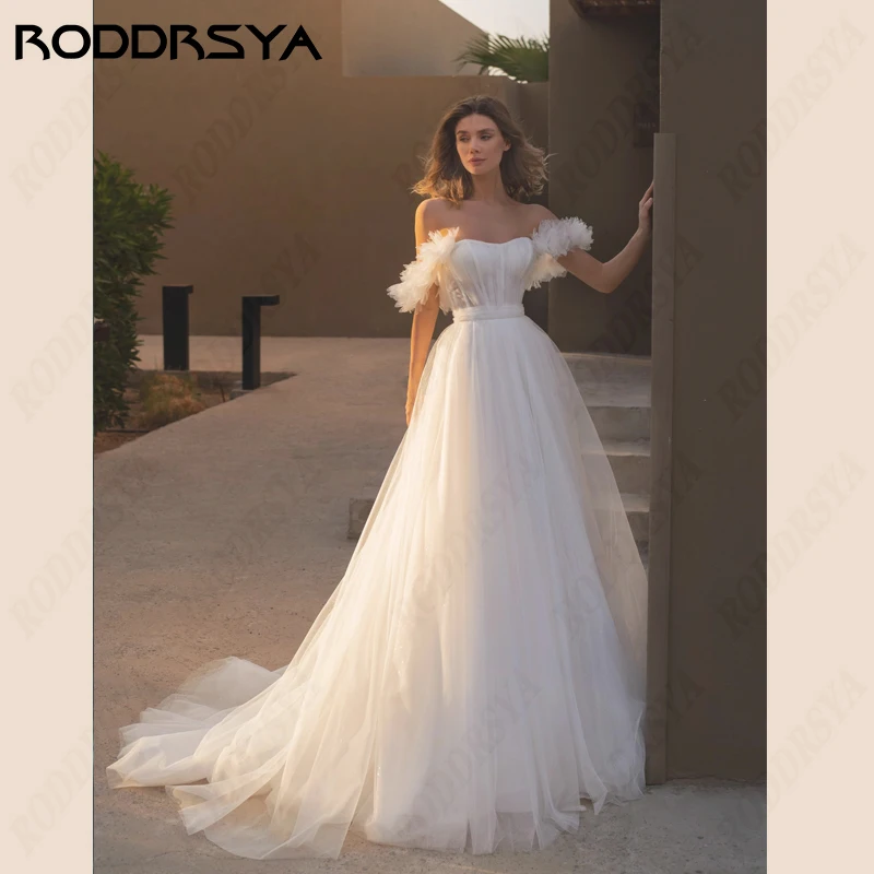 

RODDRSYA Strapless Wedding Dress A-line Off Shoulder Robe De Soirée Romantic Tulle Bride Gown Sleeveless Backless Bridal Party