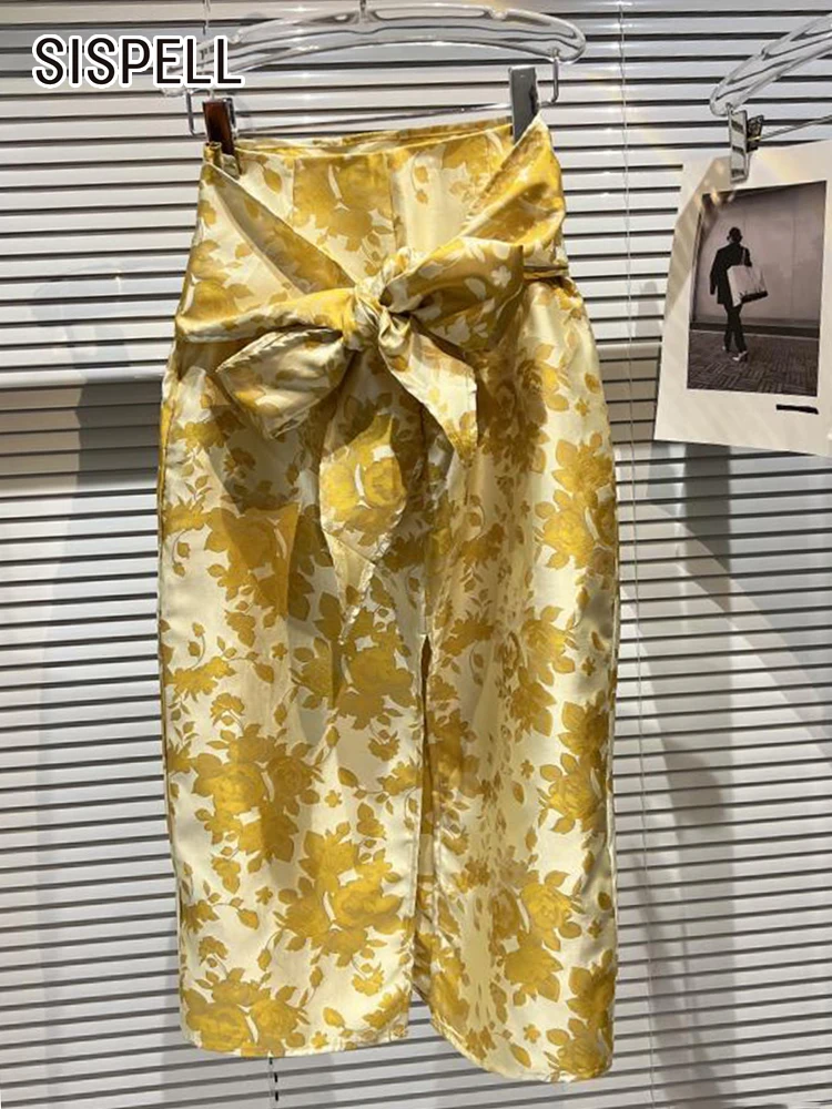 

SISPELL Temperament Patchwork Bow Hit Color Floral Printing Skirt For Women High Waist Split Bodycon Skirts Female Fashion New