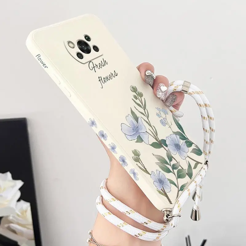 

Camellia Flower Crossbody Lanyard Silicone Phone Case For Xiaomi Poco M5 M4 Pro F4 X4 GT F4 GT X4 F3 M3 X3 NFC X3 Pro C40 Cover