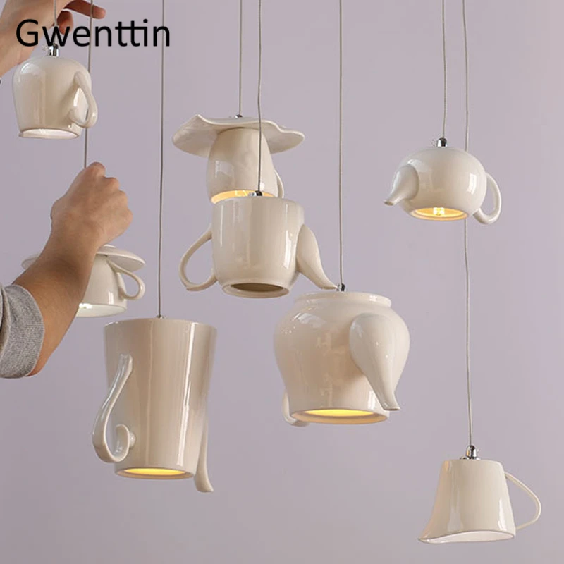 Modern Ceramic Led Pendant Lights Nordic Cup Teapot Hanging Lamp Living
