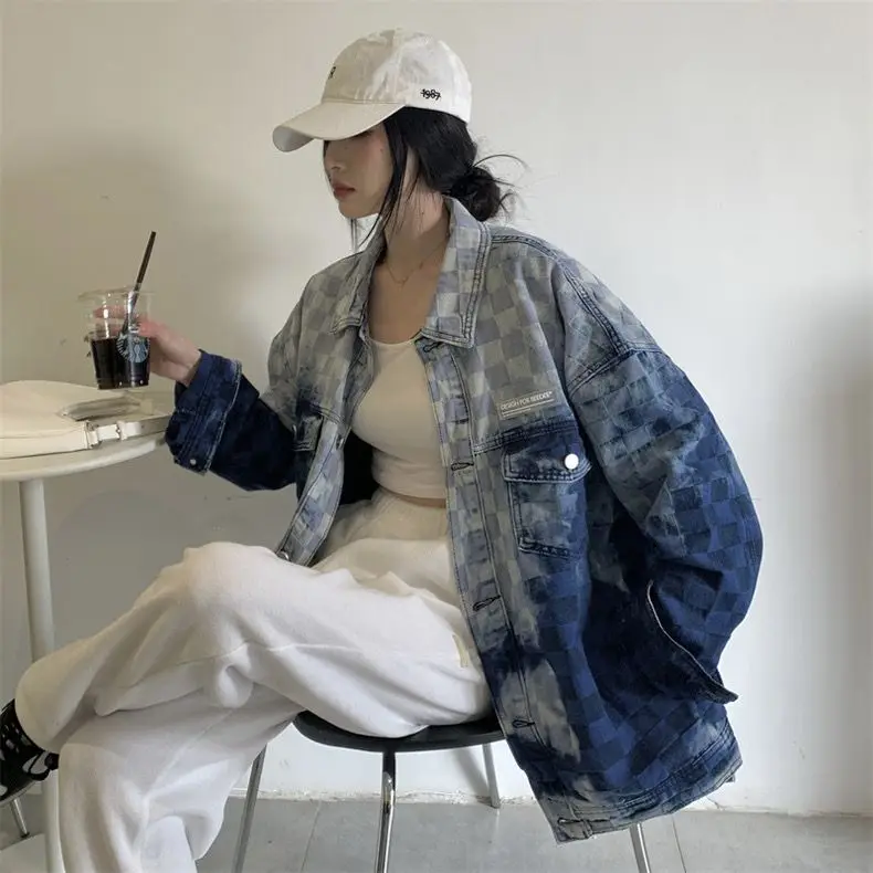 Design Sense Niche Retro Rhombus Denim coat Women  Early Autumn New Loose Slimming Versitile Fashion Top