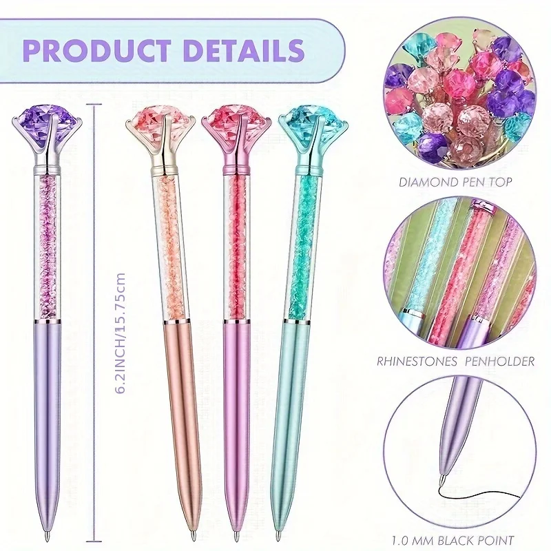 Ballpoint Pen 4pcs Large Crystal Diamond Gel Pens Christmas Gift Shiny Black Ink Pens for School Office Accessories