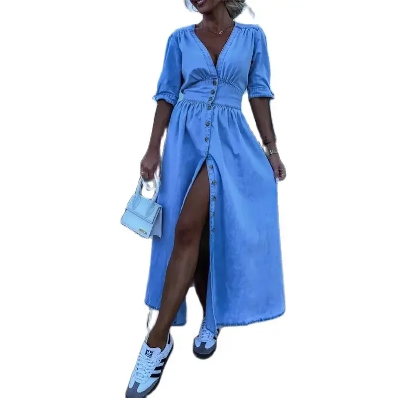 white christmas dresses V-Neck Half Sleeve Mini Denim Dress – The Gypsy Soul Shop