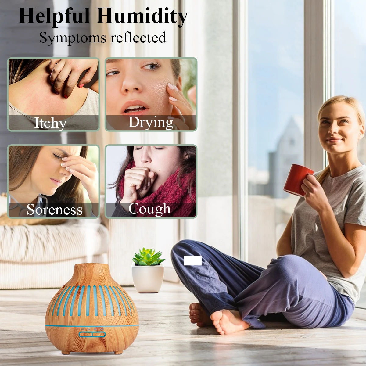 500ML Aromatherapy Essential Oil Diffuser Wood Grain Remote Control Ultrasonic Air Humidifier Cool with 7 Color LED Lights 2