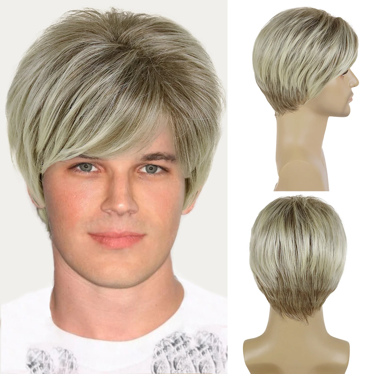 

GNIMEGIL Synthetic Blonde Ombre Wig with Dark Roots Natural Layered Cut Wig with Bangs Short Straight Wig for Man Heat Resistant
