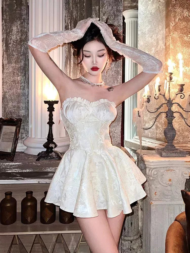 Getspring Women Dress 2023 Spring Summer Strapless Crystal Lace Jacquard  Sexy Dress Backless High Waist Mini Dresses New Arrival