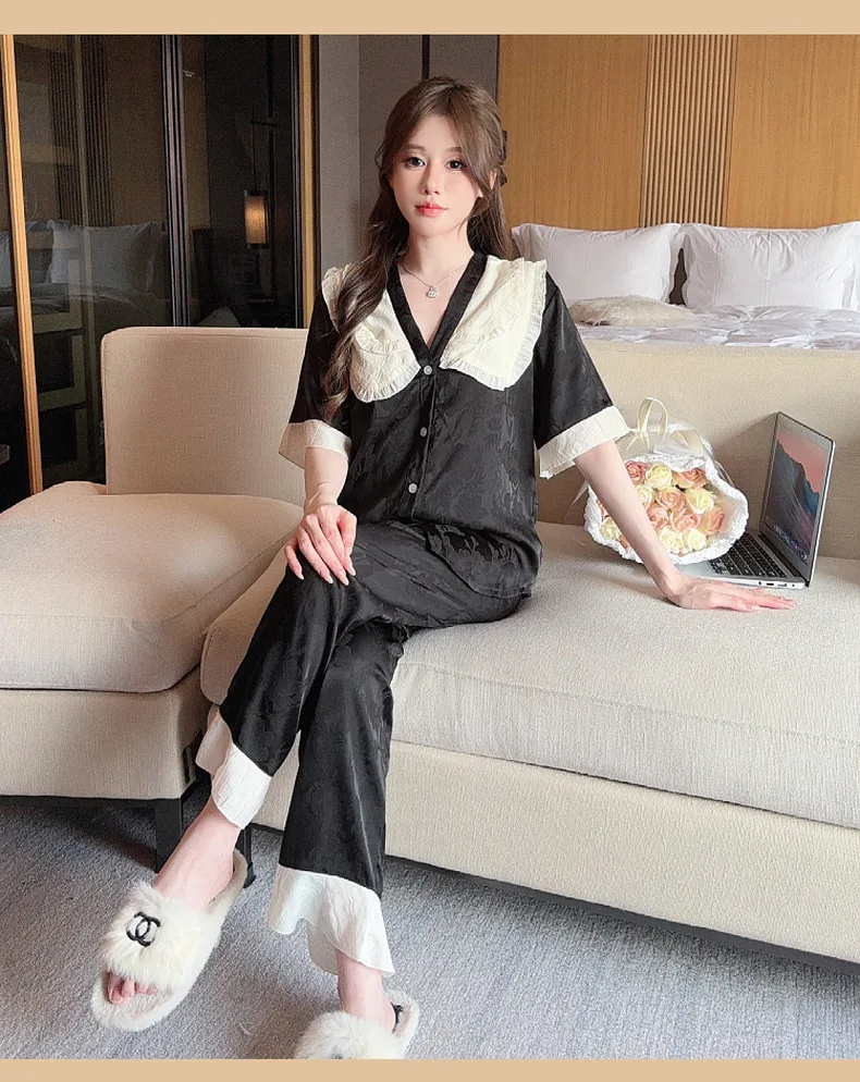 Sexy Black Satin Pajama Sets Ensembles 2 Piece Two Piece Shorts Pants Trouser Ruffled Elegant Lounge Women Pijama Sleepwear