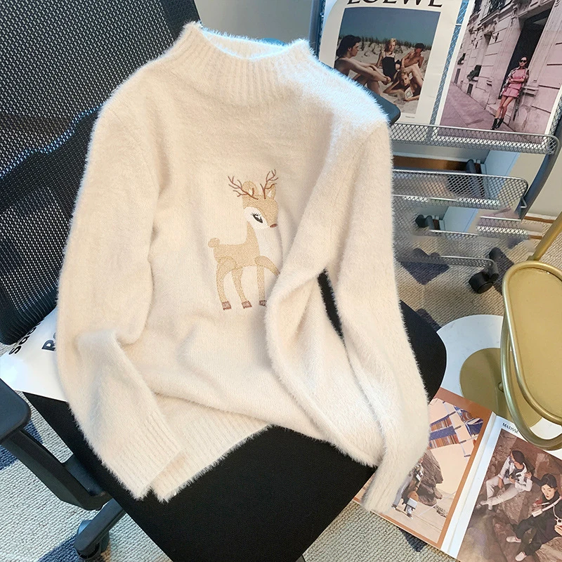 

Women Turtleneck Sweater Autumn Winter Cartoon Embroidery Cashmere Long-Sleeved Pullover Cute Sweet Fashion Thermal Knitwear