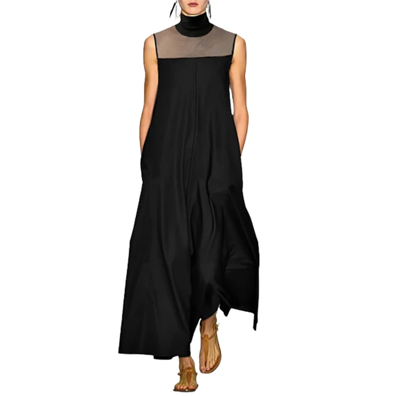 

Yeezzi 2023 Summer Female Fashion See-Through Split-Joint High-Neck Sleeveless Party Dress Going Out Maxi Dresses For Women