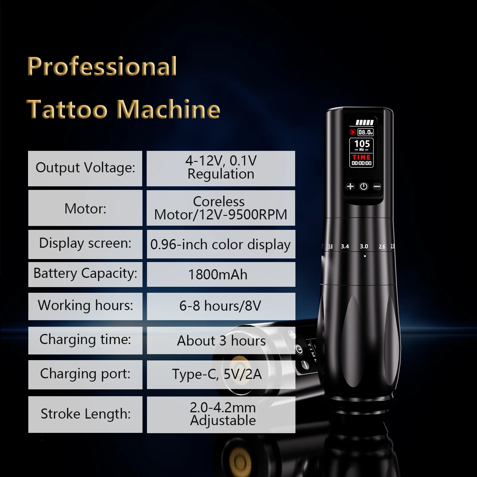 BIGWASP Professional Wireless Tattoo Machine Adjustable Stroke 2.0-4.2mm Coreless Motor 1800mAh Battery Tattoo Pen For Artist