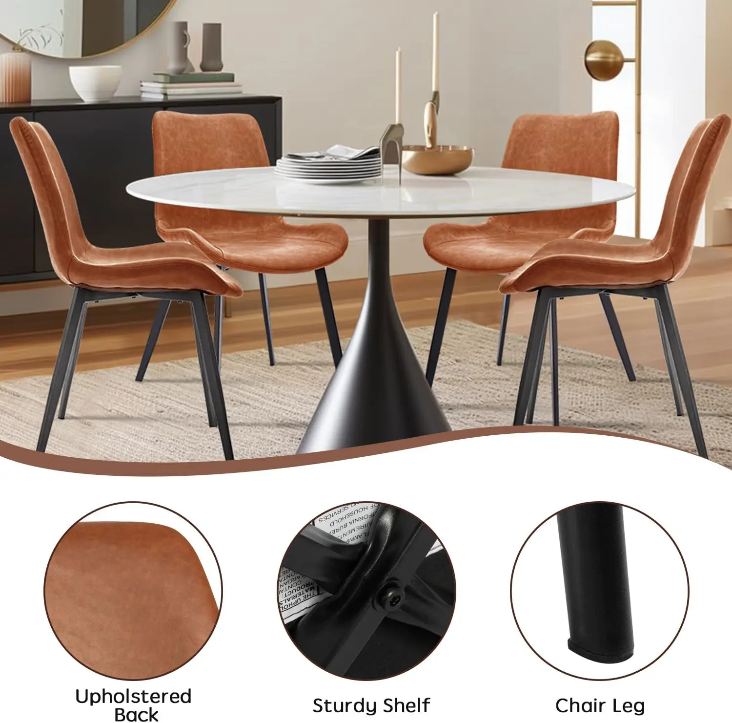 NEW Modern ‎Faux Leather Dining Chairs, PU Cushion Seat Back，Metal Legs for Kitchen Dining Room Side Chair, Set of 4, Brown 5