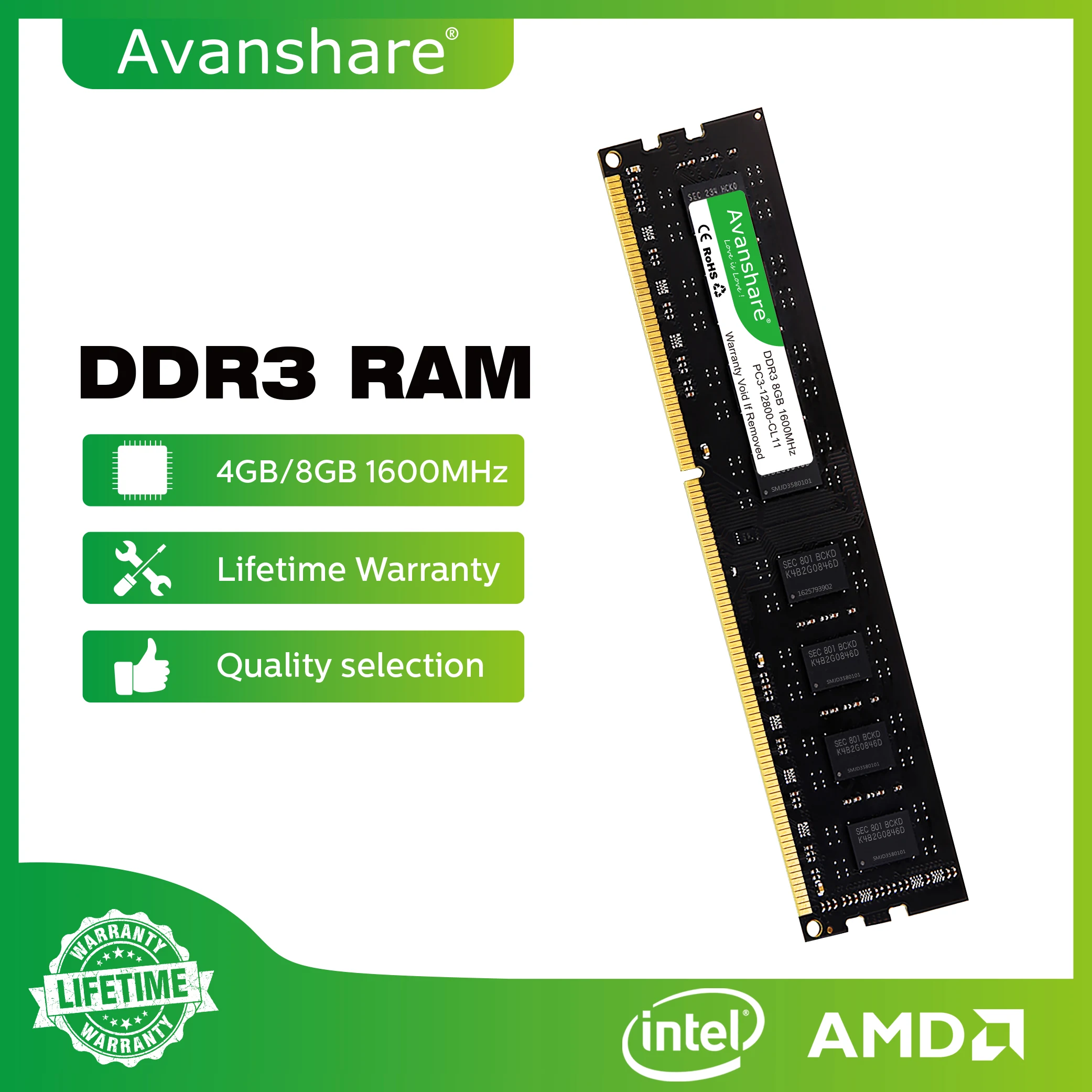 Avanshare-memória Ram de Desktop Udimm para Intel Amd Udimm para Intel Amd Ddr5 Ddr4 Ddr3 32gb 16gb 8gb 4gb 2gb 1333 1600 2400 2666 3200 5600mhz