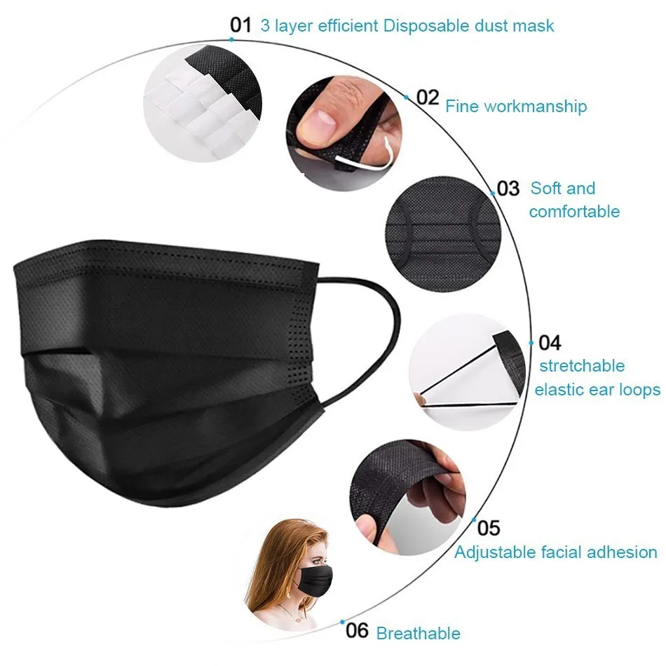 Black Mask Disposable pills box Face Mouth Mascarillas Protect 3 Layers Non-Woven Dustproof Mouth Mask Spain France 2