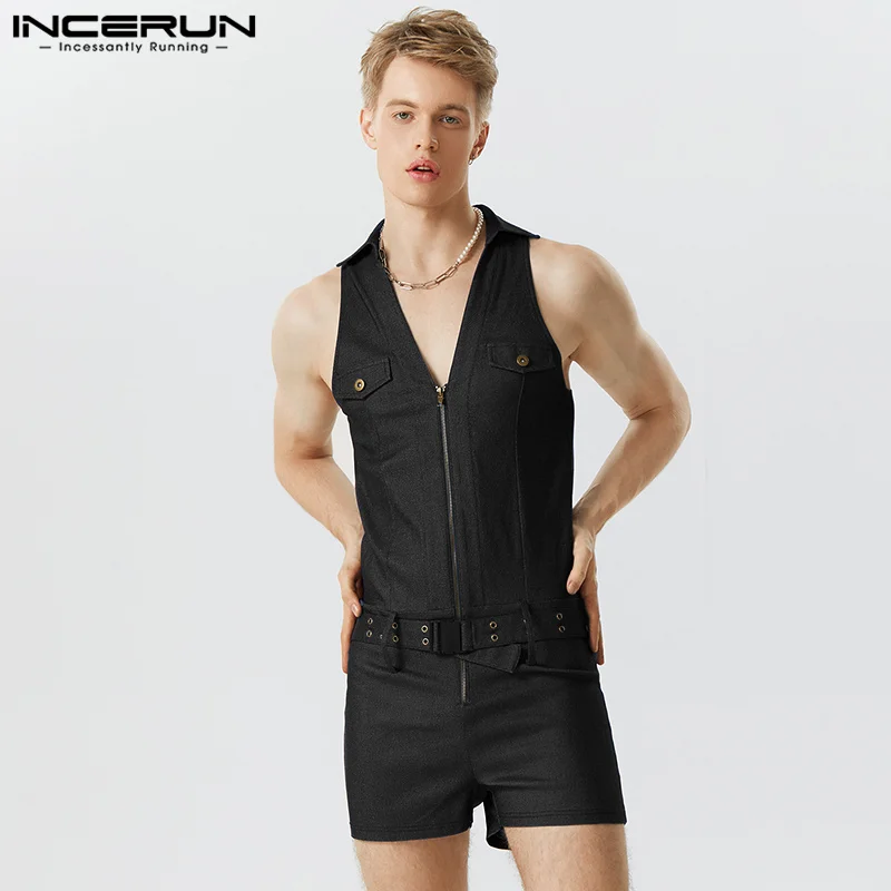Fashion Casual Style Men Hommwear Bodysuits Tight V-neck Zipper Rompers INCERUN Solid Flat Angle Sleeveless Lapel Jumpsuit S-5XL