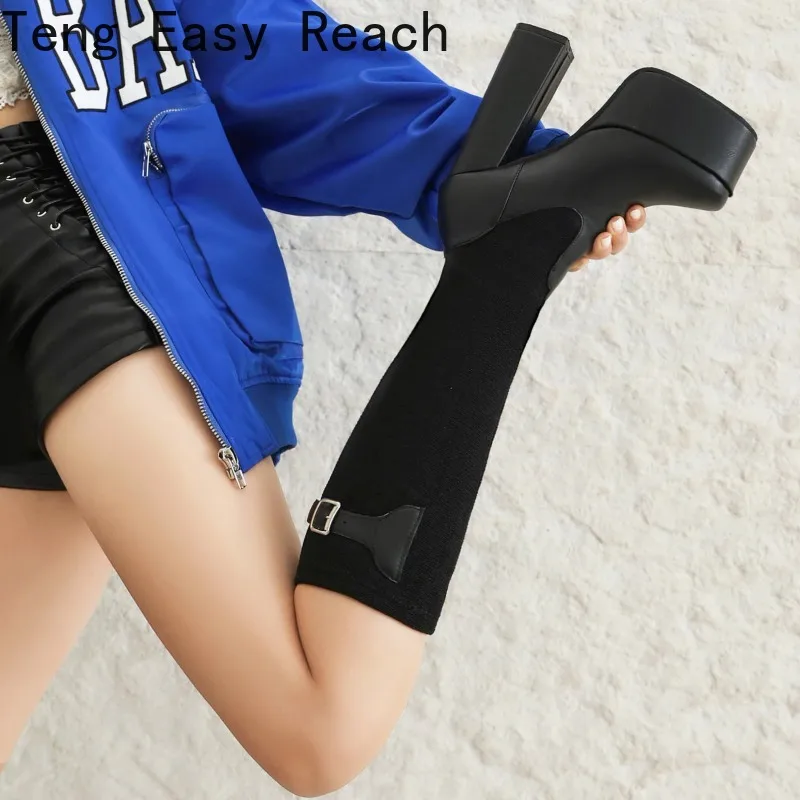 Women Chunky Platform Over The Knee Boots Ladies Autumn Winter High Heels Pu Leather Long Boots Woman Fashion Motorcycle Botas