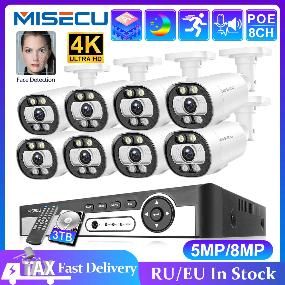 Misecu Ultra HD 4K Security Camera System 8CH NVR POE AI Camera 5MP 8MP Face Detect Outdoor Color Night Video Surveillance Set