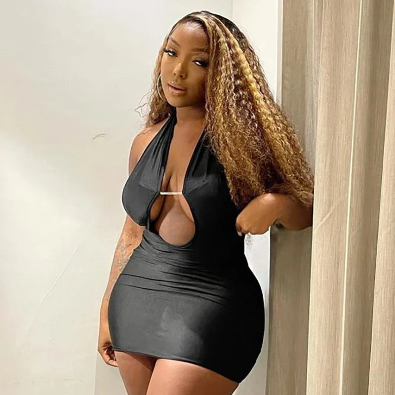 Halter Backless Sexy Mini Dress Women Hollow Out Y2K Black Party Night Club Bodycon Bandage Dresses 2022 Summer African Clothes christmas sweatshirt