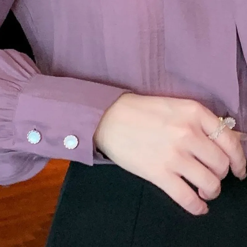 Autumn Women's 2024 New Patchwork V-neck Bow Button Fashion Solid Loose Comfortable All-match Lantern Sleeve Blouses Shirts
