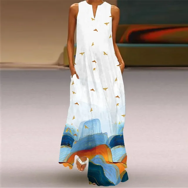 Robe longue à col en V pour femmes, tenue d'été élégante, vintage, imprimée, grande taille