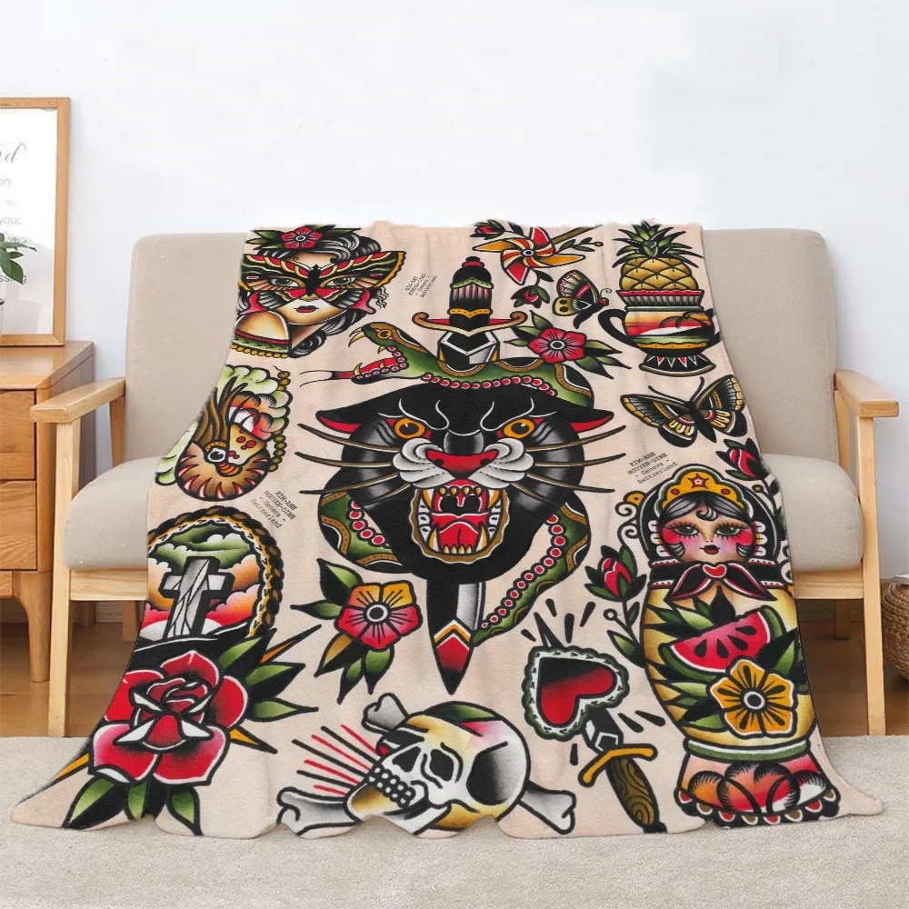 New School Tattoo Thermal Blankets for Bed Blanket 150cm X 200cm Microfiber Bedding Fluffy Soft Blankets Sofa Decoration Throw & 3