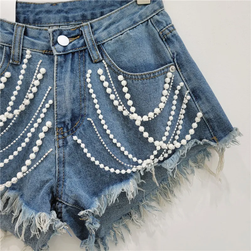 Denim Shorts Women's Summer New High Waist Figure Flattering Heavy Industry Rhinestone Tassel Burr Wide Leg Short Pants