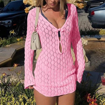 Women's Casual Slim-Fit Long Sleeve Beach Cover-Up,Plain Fashion Knitted Short Dress,Spring & Fall Vacation Sun Protection Smock 1