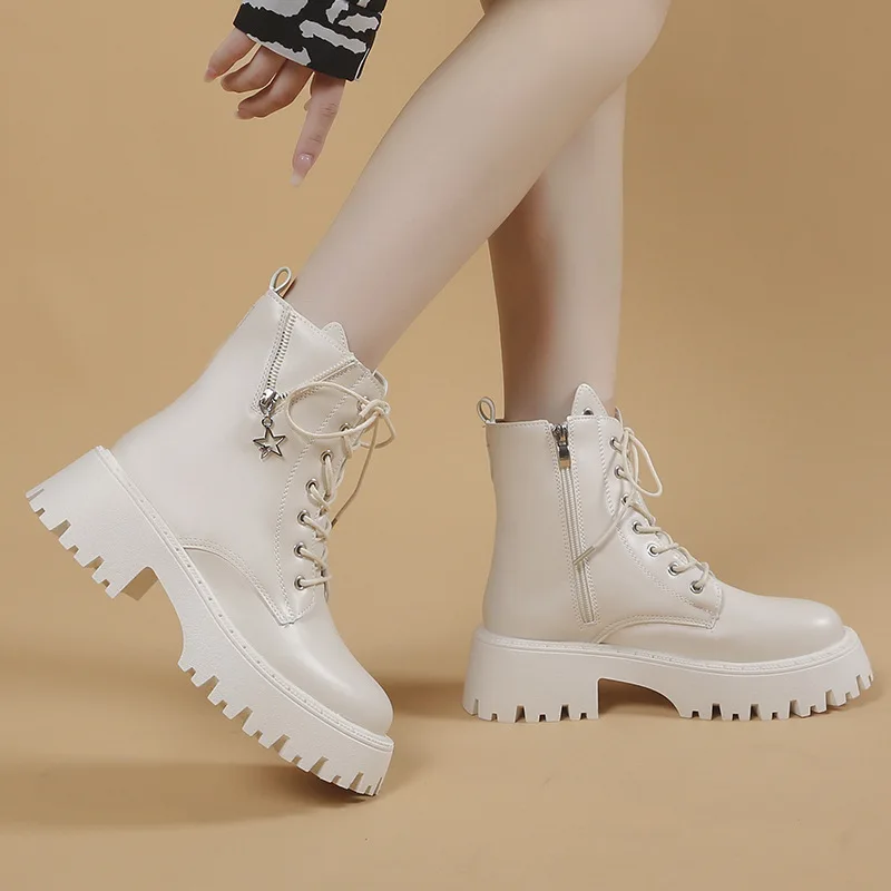 Chunky Platform Gothic Boots Women Punk Style Chain Thick Sole Ankle Booties Woman Lace Up Pu Leather Combat Boots 42