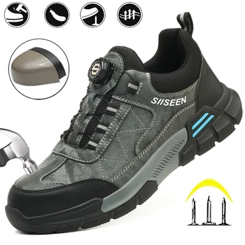 Scarpe antinfortunistiche da uomo con punta in acciaio con suola antiscivolo, antiforatura e antiscivolo, scarpe da lavoro industriali con bottoni alla moda