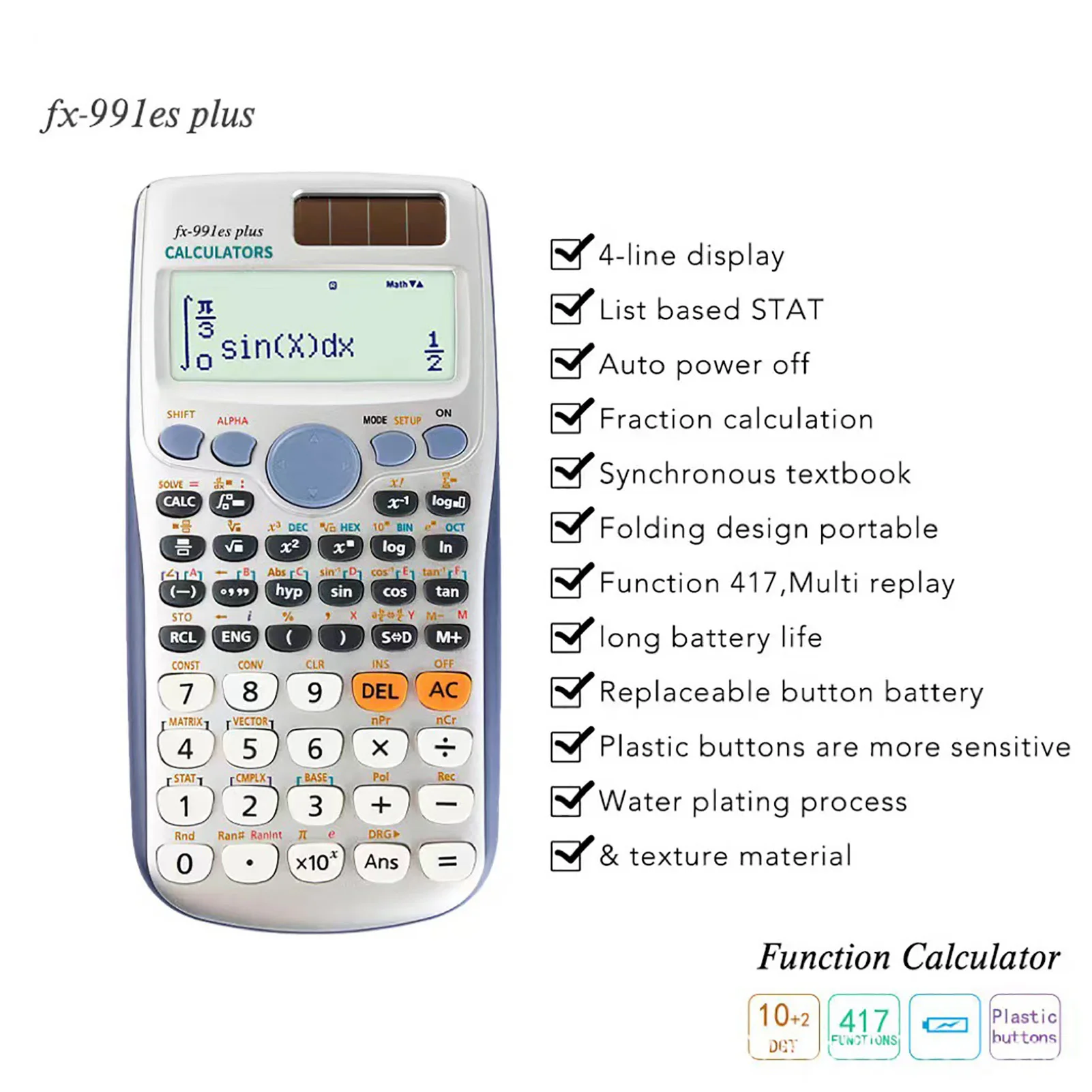Scientific Calculators Math Calculator with 417 Function 10+2 Digits Display Dual Power Supply Ideal for Teachers Students - 3