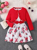 Ensemble de robes 2 pièces pour filles de 4 à 7 ans, pardessus tricoté solide + robe florale sans manches avec ceinture, vêtements de princesse de Style photographie 3