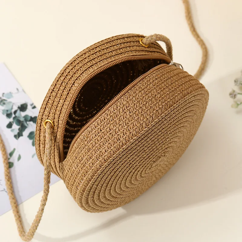 3 Colors Available Handwoven Charm Chic Women's Round Woven Crossbody Bag, Perfect for Beach Vacations Stylish Tote with Zipper