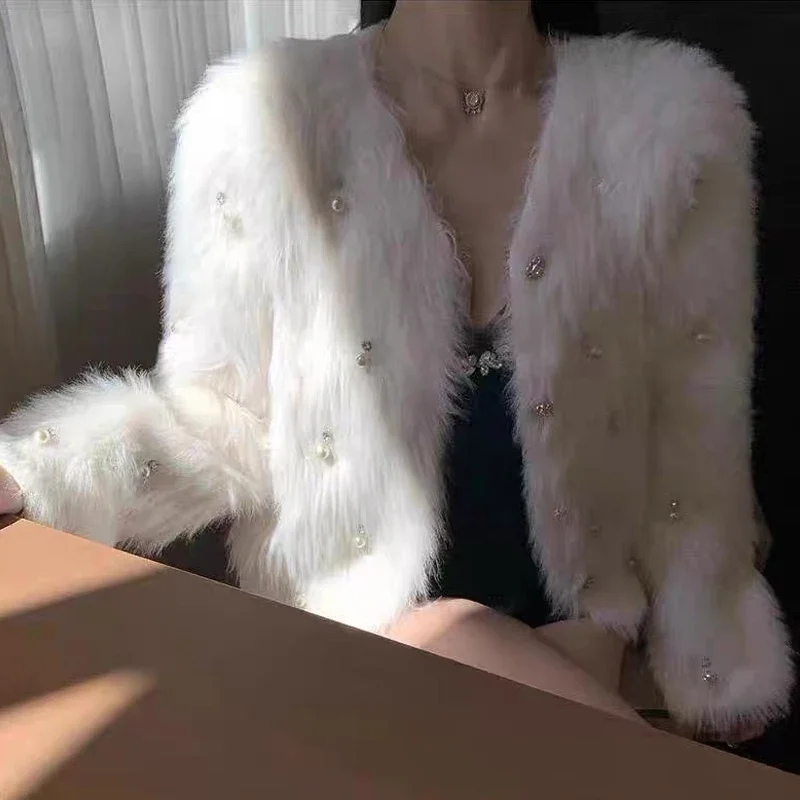 Autumn Fashion Plush Beaded Single-breasted Solid Color Coat Winter New Women's Round Neck Long-sleeved Cardigan Sweater